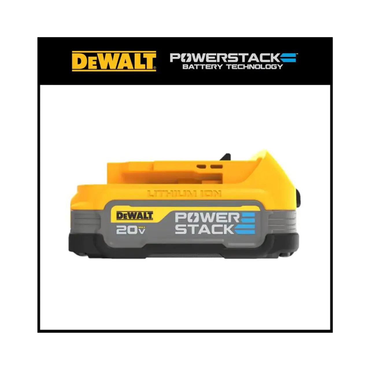 A Go Build 20V MAX POWERSTACK Compact Battery, featuring Go Build branding and PowerStack battery technology for 20V MAX tools, is displayed on a white background with a black border.